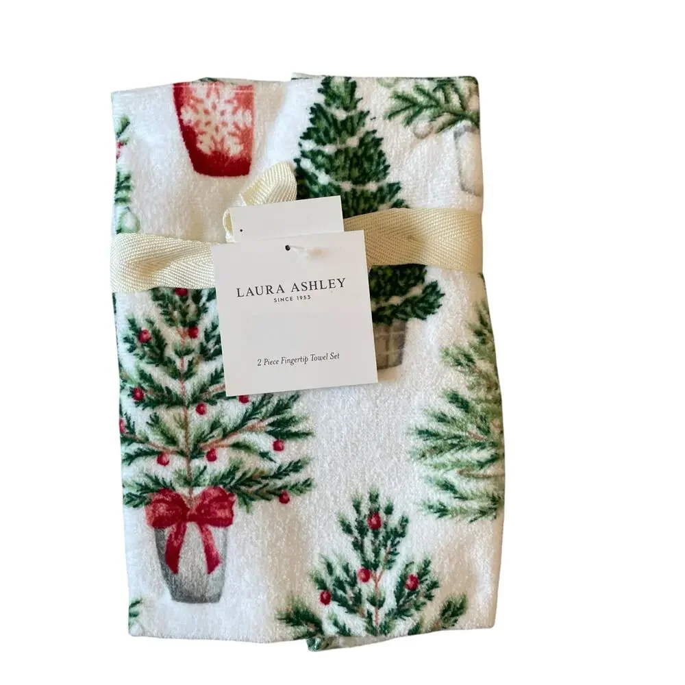 4pc Laura Ashley Christmas Tree Towel Set 2 Finger Tip 2 Bath Cotton New